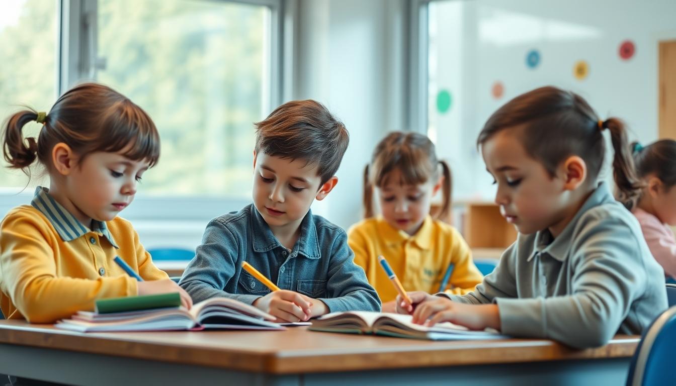 Students studying together in modern classroom